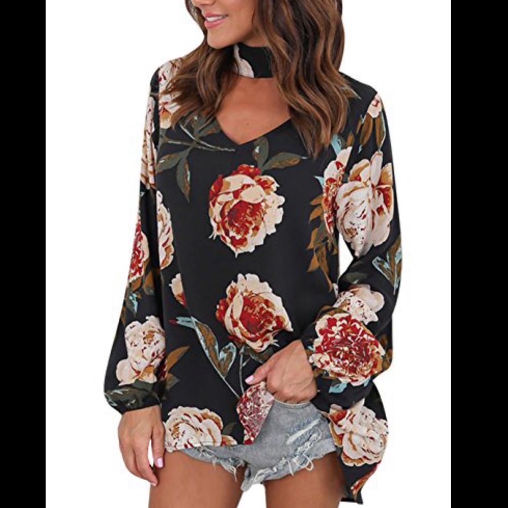 NWT BBYES Floral Print Long Sleeve Choker V Neck